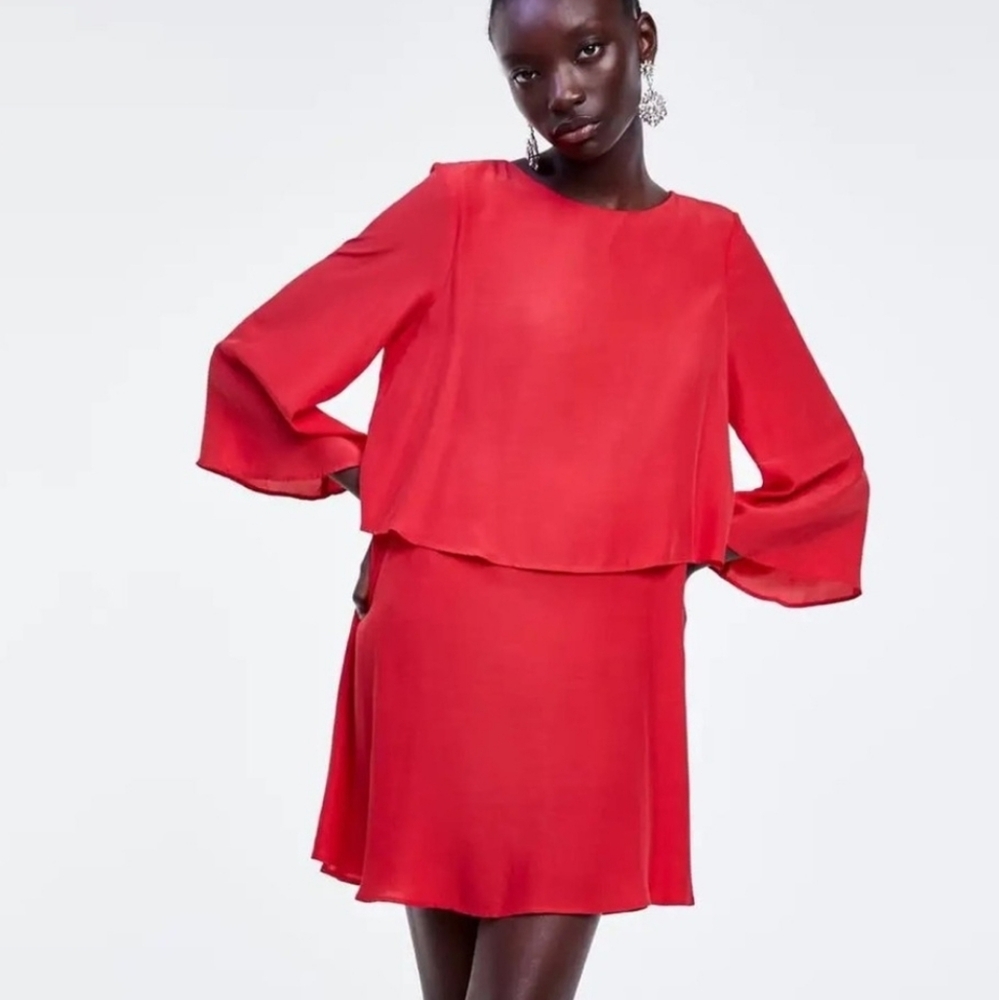 NEW Zara Red Layered Cape Sleeve Flowy Chiffon Dress Size Small